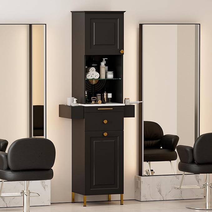 Paddie Barber Station Hair Salon Station, Salon Stations for Hair Stylist, Beauty Salon Spa Equipment w/Glass Shelf, 2 Storage Cabinet & Drawers, 6 Hair Dryer Holders for Hair Styling（Black）