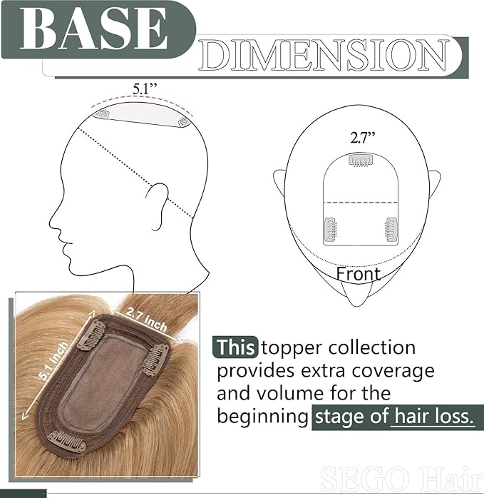 SEGO Hair Toppers for Women Real Human Hair with Thinning, with Front Bangs Clip in Toppers Straight 150% Density Silk Base -16 Inch #27 Dark Blonde