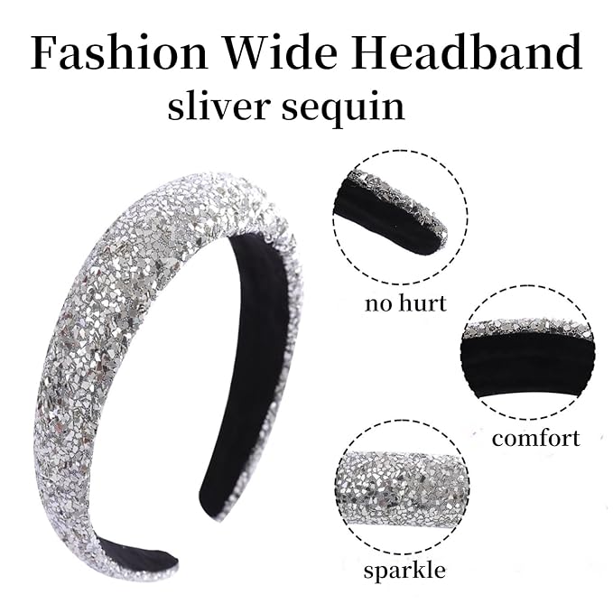 Sequin Headbands for Women Girls,2PCS Sparkle Wide Padded Headband Gold Sliver,Fashion Glitter Hairbands Hair Hoops Comfortable for Daily Prom Party Head Accessories