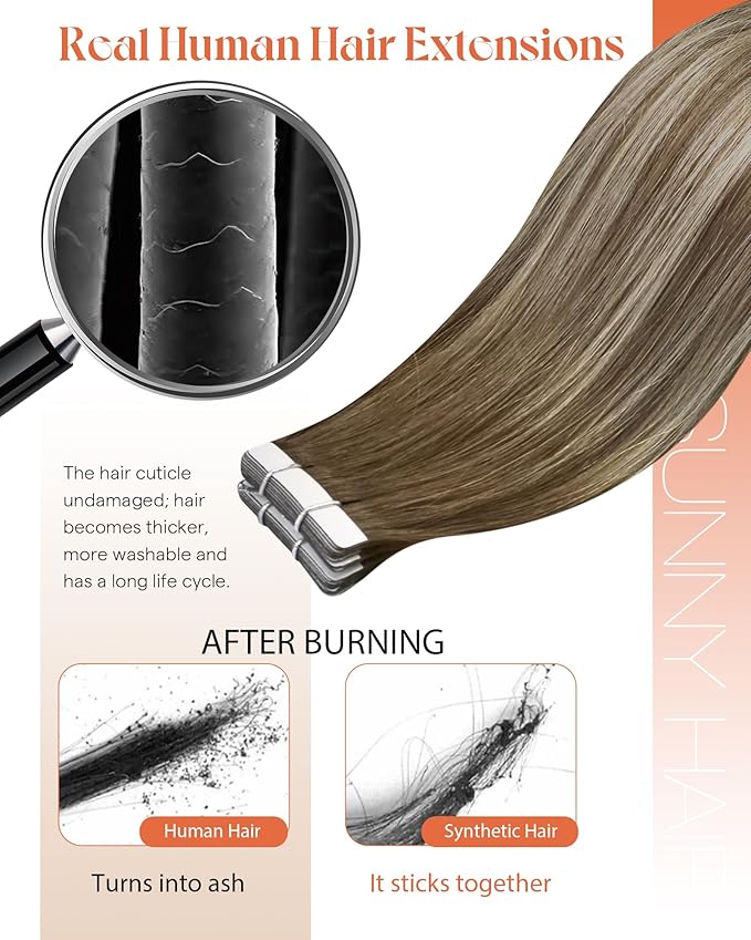 Sunny Hair Tape in Hair Extensions Human Hair 14 Inch Hair Extensions Real Human Hair Tape in Extensions for Women Cool Brown to Light Brown Balayage Blonde Invisible Remy Hair Skin Weft 20Pcs 50g