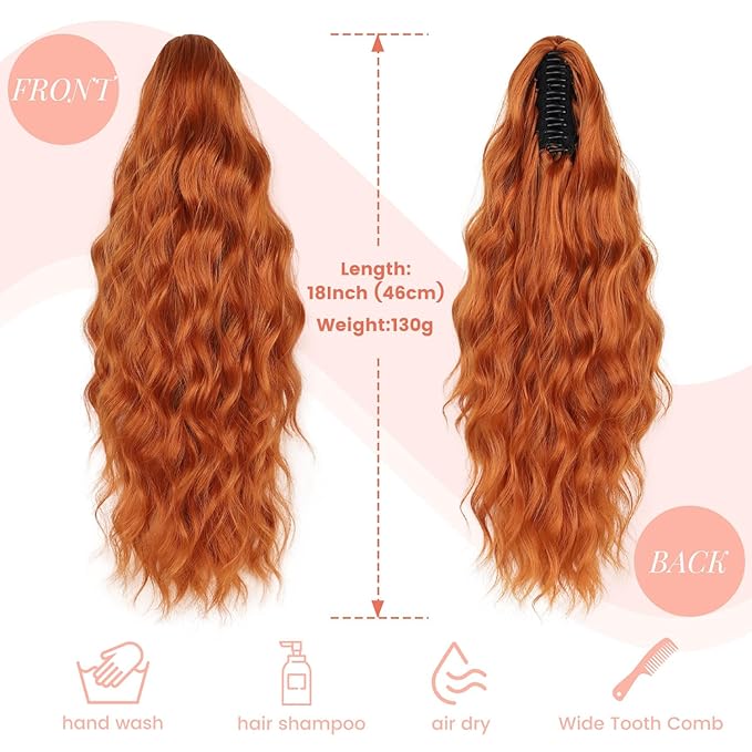 Ponytail Extension, Claw Clip Ponytail Extensions for Women Wavy Pony Tails Hair Extensions 18 Inch Clip in Ponytail Hairpiece Fluffy Natural Synthetic for Daily Use (Ginger Copper)