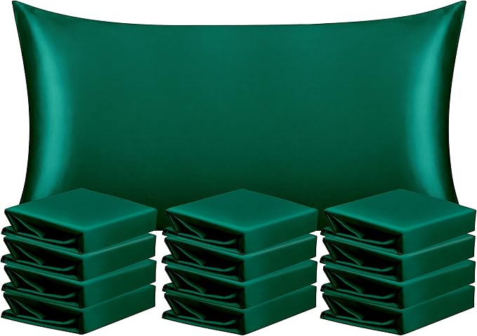 NTBAY 12 Pack Satin King Pillowcases for Hair and Skin, Luxurious and Silky Pillow Cases with Envelope Closure, 20 x 36 Inches, Dark Green