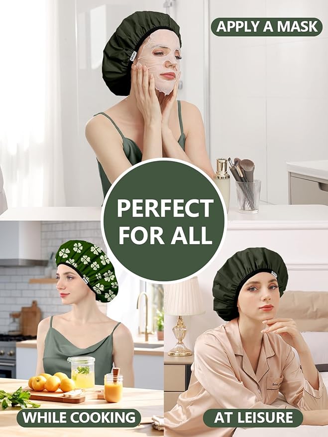 Years Calm Shower Caps For Women Reusable Waterproof，Pattern And Solid Color Dual-Layer Design For Dual-Layer Usable，Protects Hair In Shower, Spa, Cooking, Clean & Travel (Green, One Size)