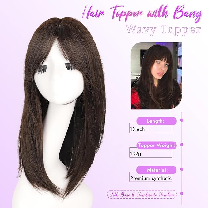 Hair Topper for Women Clip in Bangs – 18 Inch Medium Length Straight 360° Full Coverage Balayage Wine Red,Synthetic Natural Looking Piece for Thinning Hair
