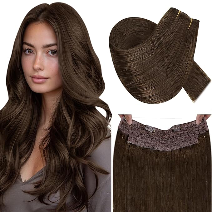 RUNATURE Invisible Wire Hair Extensions Real Human Hair Brown, 14 Inch 70g One Piece, Invisible Wire Hair Extensions Medium Brown, Straight Silky Hair, Add Hair Thickness for Women #4