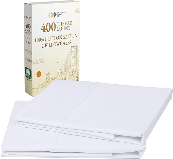 California Design Den King Size Pillowcase Set - 400 Thread Count, 100% Cotton Sateen, Set of 2 Pillow Covers, Soft and Breathable - Bright White