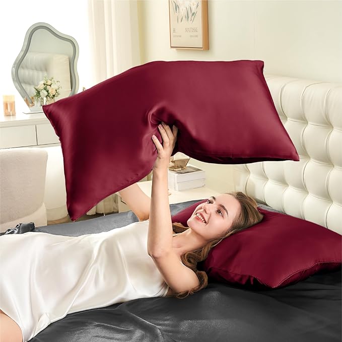 INFIIXSO Silk Pillow Cases 2 Pack Standard Size, Ultra Smooth & Soft Mulberry Silk Pillow Case for Hair and Skin, Breathable Cooling Silk Pillowcase with Hidden Zipper (Burgundy, 20x26 Inches)