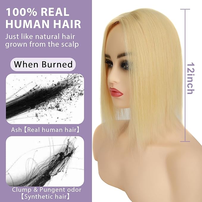 12 Inch Length Hair Toppers for Women with Thinning Hair, 3x5 Inch Injected Silk Base 130% Density Hairpieces #613 Bleach Blonde