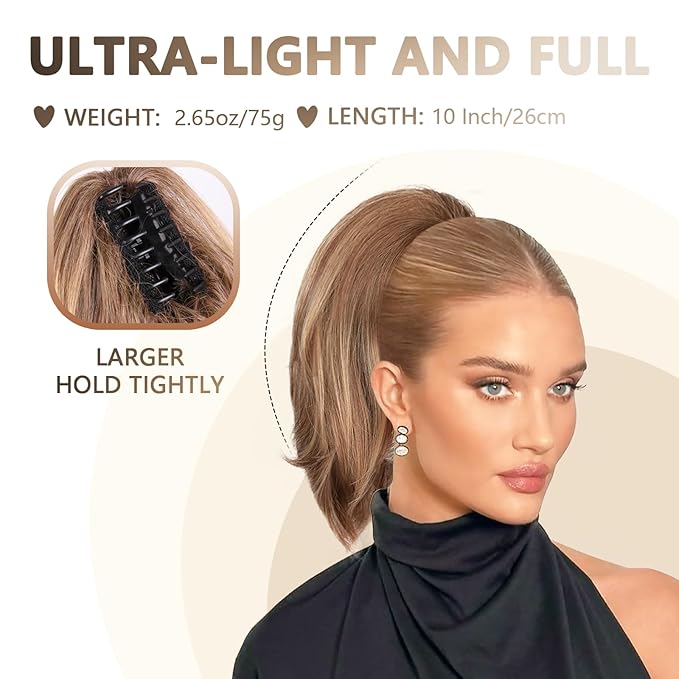 Claw Clip Ponytail Extension - 10 Inch Short Pony Tails Hair Extensions, Soft Synthetic Straight Hair Extensions Ponytail, Clip in Ponytail (Color: Blonde with Bleach Blonde Ends)