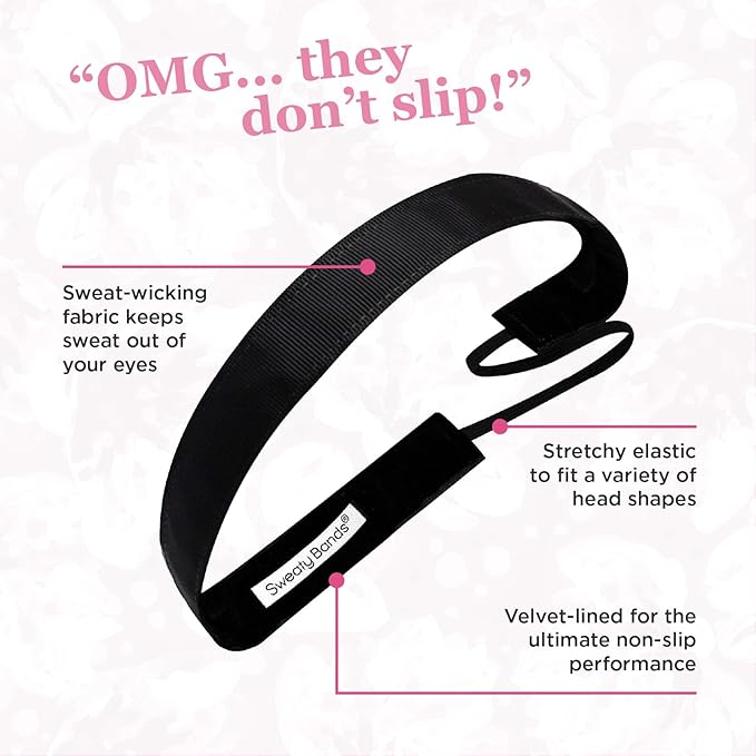 Sweaty Bands Womens Girls Headband - Non-Slip Velvet-Lined Exercise Hairband - Rock Solid Black 3/8-Inch