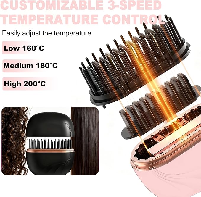 Mini Straightener Brush, Rechargeable Portable Hair Straightener Brush, 3-Speed Temperature Control, Anti-Scald Shell, Lightweight and Portable for Home Travel Gift (Pink)