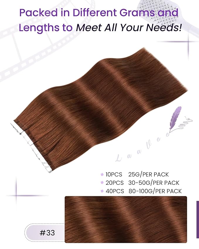 LaaVoo Tape in Hair Extensions Human Hair Auburn Brown Hair Extensions Tape in Real Hair Tape on Extension Soft Straight Hair 50g 20pcs 24inch