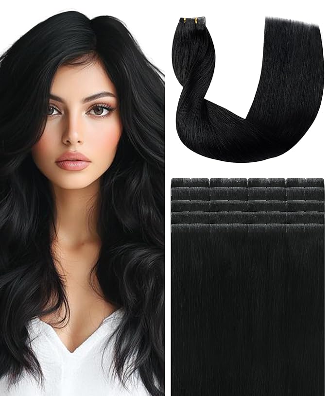 SURNEL Injected Invisible Tape in Hair Extensions Human Hair Jet Black Upgraded Seamless Invisible Tape in Extensions 22Inch 20 Pcs 50g(#1,22)
