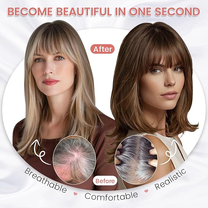 YAMI Hair Toppers for Women Real Human Hair Toppers for Women with Thinning Hair Topper with Bangs and All Hand-woven Swiss Base (Dark Ashy Brown)