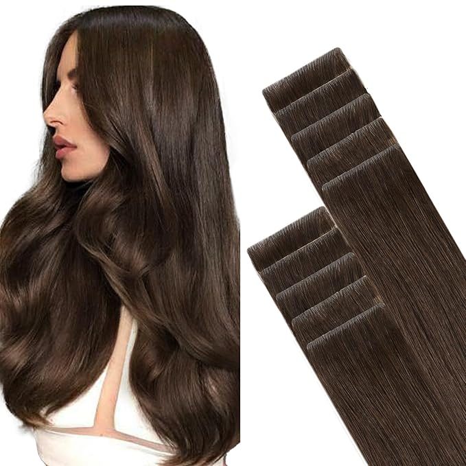 GOO GOO Invisi Edge Tape in Hair Extensions Human Hair, 4A Chocolate Brown, 10pcs 18inch 25g, Virgin Remy Hair, Seamless Injected Tape, Natural Look