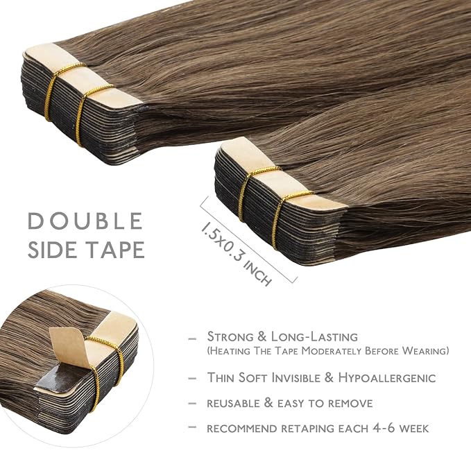 WENNALIFE Tape in Hair Extensions Human Hair, 20pcs 50g 14 inch Light Ash Brown Remy Hair Extensions Straight Human Hair Tape in Extensions Skin Weft Tape Extensions Human Hair