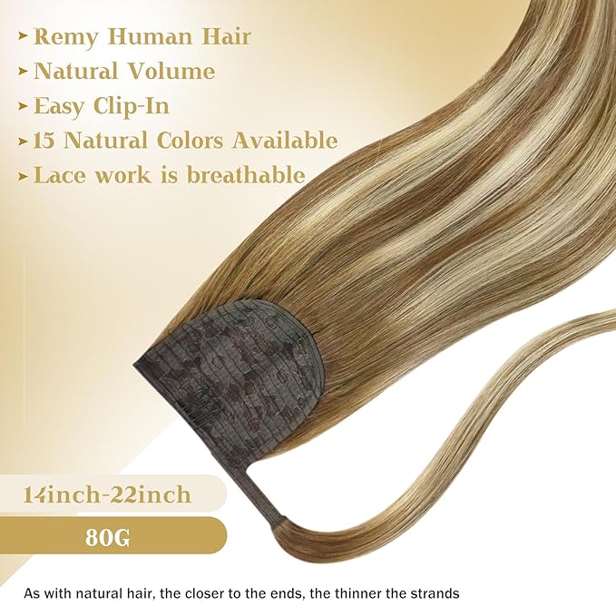 Ve Sunny Hair Extensions Ponytail Real Human Hair Wrap Around Clip in Ponytail Hair Extensions Straight Extensions Human Hair for Women Chestnut Brown Ombre Platinum Blonde Balayage 18inch 80G