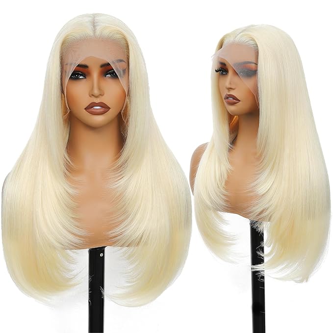 Blonde 13x4 Synthetic Lace Front Wig Layered Hairstyle Pre Plucked Straight Long Glueless Wigs for Black Women 26 Inch