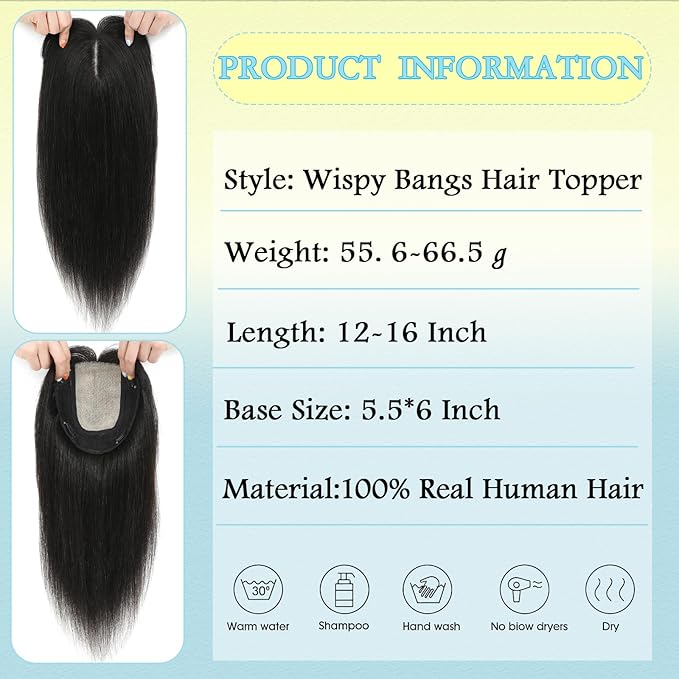 Hair Toppers for Women Real Human Hair, 360° 3D Toppers Pieces for Women with Thinning Crown Wispy Bangs 14 Inch Upgrade Big Basement (Black, 14 Inch Wispy Bangs)