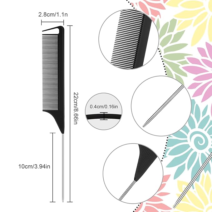 Patelai 30 Pieces Rat Tail Combs Bulk, Hair Teasing Fine Tooth Pintail Combs Braiding Hair Styling Tools with Steel Pin for Stylists Salon Teasing Sectioning Coloring Detangling(Black, Pink, Purple)