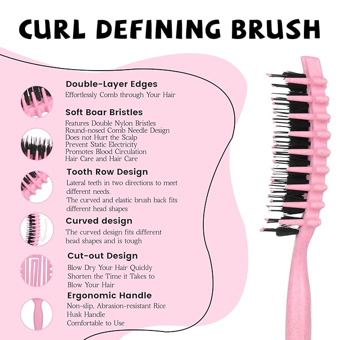 Curl Defining Brush for Curly Hair, Flexi Vented Brush for Faster Drying Hair, Detangling and Shaping to Reduce Pulling (Pink)