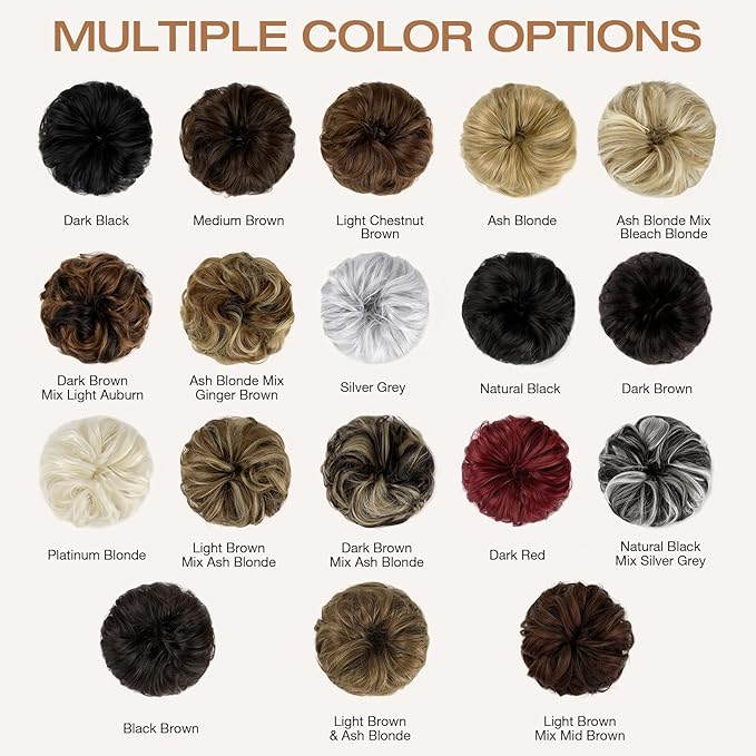 Messy Bun Hair Piece Wavy Curly Scrunchies Fluffy Donut Thick Updo Elegant Chignon Hairpieces for Women Girls, Black Brown 1.4oz