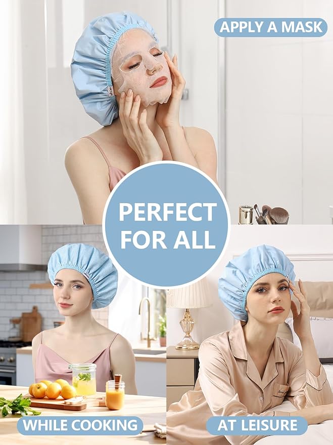 Years calm Shower Caps For Women Reusable Waterproof，Pattern And Solid Color Dual-Layer Design For Dual-Layer Usable，Protects Hair In Shower, Spa, Cooking, Clean & Travel (Blue, One Size)
