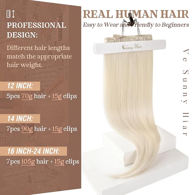 Ve Sunny Clip in Human Hair Extensions Blonde Clip in Hair Extensions, Real Hair Extensions Clip in Human Hair, Long Straight Hair Extensions Clip ins 24inch 7pcs 120g