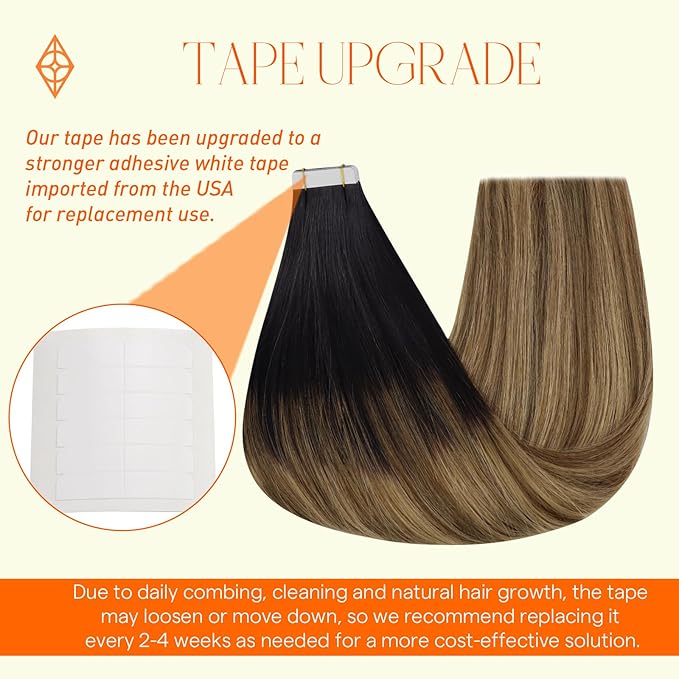 Full Shine Tape in Hair Extensions Human Hair Ombre Hair Extensions Color Off Black Fading to Chestnut Brown and Honey Blonde 20 INCH 50G Soft Remy Tape ins 20PCS for Bridal