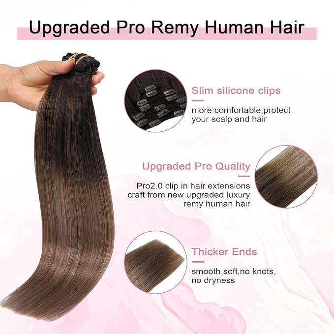 Pro2.0 Clip in Hair Extensions Real Human Hair 22inch 7pcs #2/6/18 Dark Brown to Dirty Blonde Remy Real Hair Extensions Clip in Human Hair 120g Double Weft（#2/6/18-22inch）
