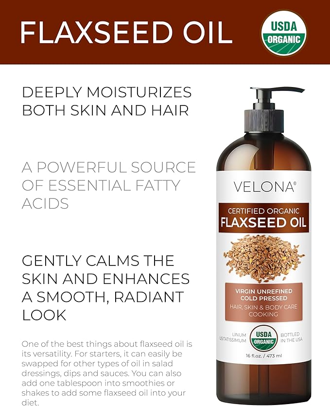 velona USDA Certified Organic Flaxseed Oil - 8 Fl Oz | 100% Pure and Natural Carrier Oil | Unrefined, Cold Pressed |Body, Face & Skin Care | Use Today - Enjoy Results…