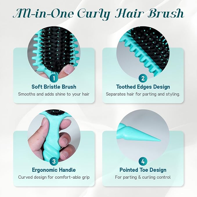 Curly Hair Brush, 5-in-1 Detangling & Curl Defining Brush for Curly Hair Wet or Dry, Shaping & Styling Brushes with Less Pulling for Women & Men (Teal)
