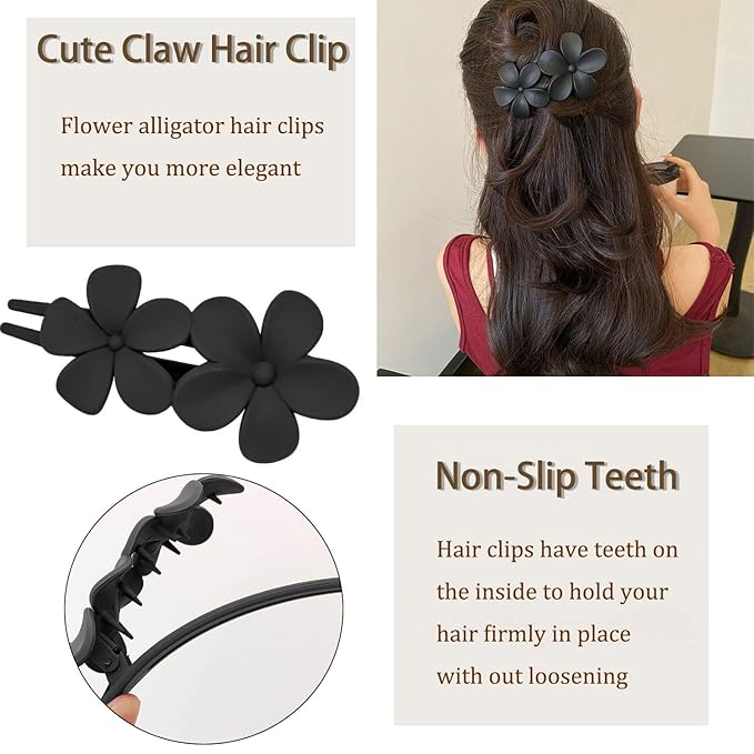 5PCS Black Flower Flat Hair Clips for Women - Mdscve French Flat Hair Claw Matte Hair Clips Flat Claw Clips for Thick Hair Non-Slip Cute Duck Billed for Girls