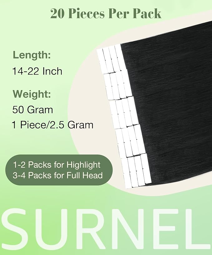 SURNEL 22 inch Tape in Hair Extensions Human Hair Color 1 Jet Black Remy Tape in Hair Extensions 20pcs 50g(#1-22)