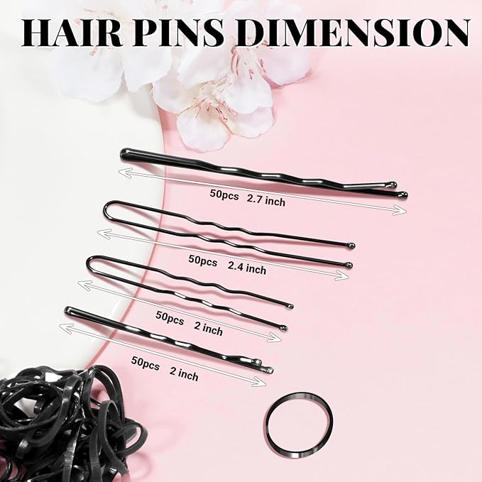 415pcs Bobby Pins Hair Pins Set, IKOCO 200pcs U Shaped Pins & Elastic Hair Ties for Women with Hair Net, Black