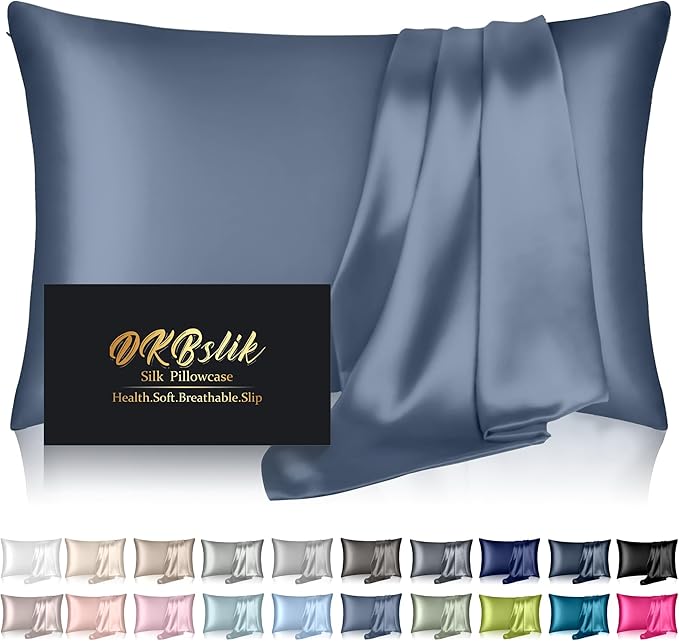 Silk Pillowcase for Hair and Skin, Mulberry Silk Pillow Cases Queen Size, Soft Anti Acne Cooling Sleep Both Sides Natural Silk Satin Pillowcases with Hidden Zipper, Gifts for Women Men, Ash Blue