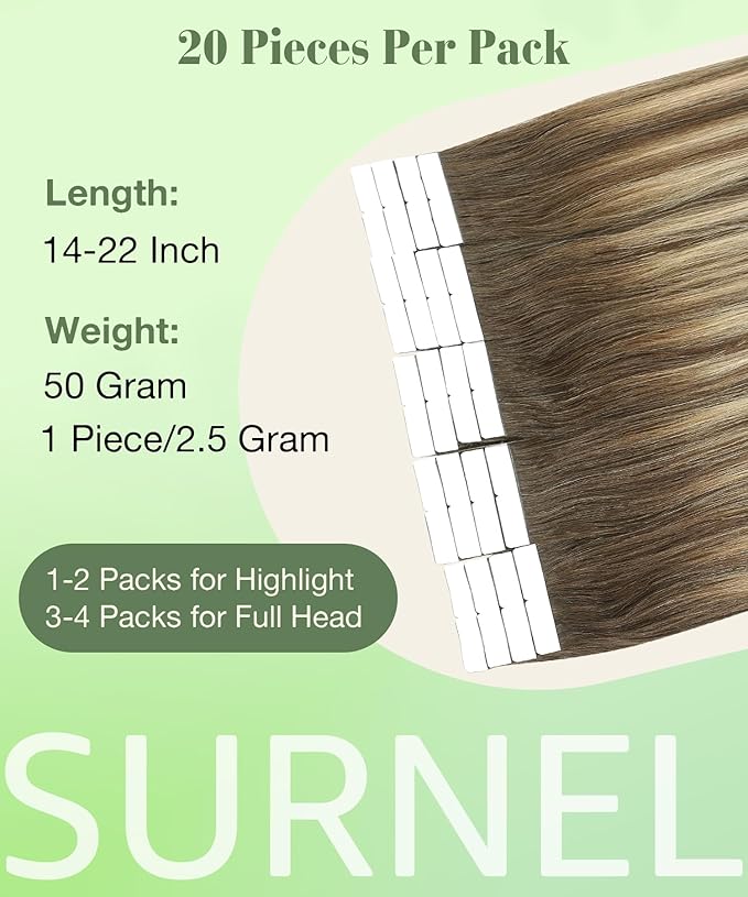 SURNEL Tape in Hair Extensions Balayage Chocolate Brown to Caramel Blonde Tape in Hair extensions Human Hair 14 inch 20pcs 50g (#4/27/4-14)