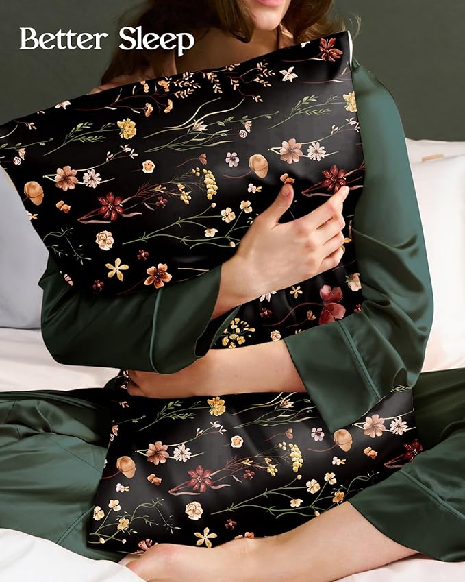 2 Pack Mulberry Silk Pillowcase for Hair and Skin - Queen Size 20 x 30 Inches with Hidden Zipper BK Grow Flower 19 Momme Soft Sleeping Silk Pillow Case for Women, Moms