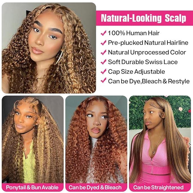 CYNOSURE 13x5 Highlight Ombre Lace Front Wig Human Hair 427 Colored Honey Blonde Deep Wave Curly Wig 180% Density HD Transparent Lace Frontal Wigs Human Hair 22 Inch