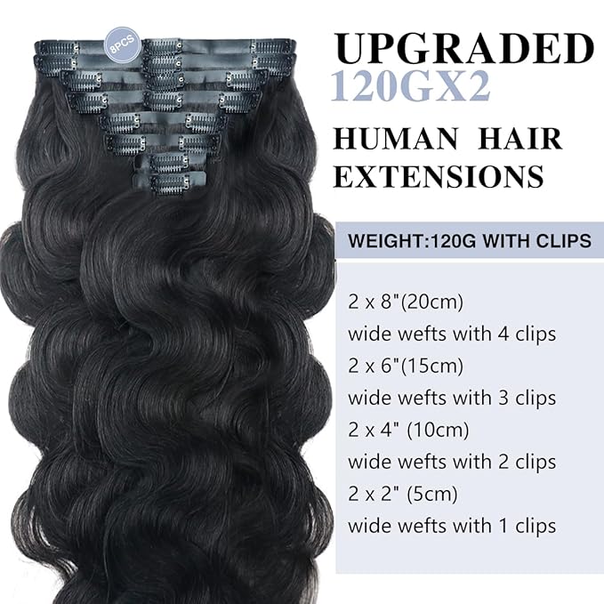 2 Pack 240g Body Wave Seamless Clip in Hair Extensions 16Pcs Full Head 15A Real Human Hair Clip ins with PU Skin Weft 20inch Natural Black