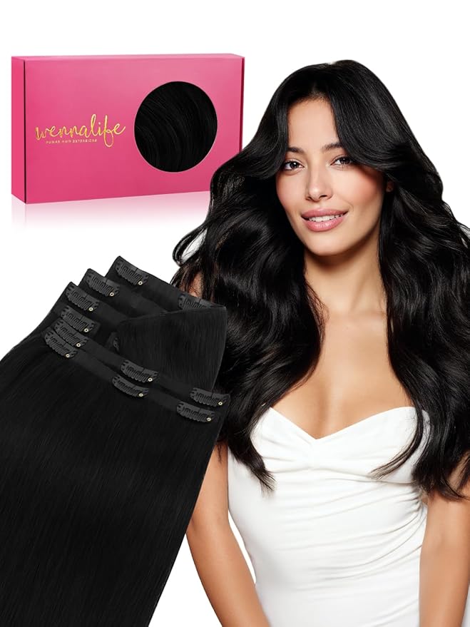 WENNALIFE Genius Seamless Clip in Hair Extensions Real Human 18 inch 120g 7 Pcs Jet Black Hair Extensions Clip Ins Luxury Remy De Cabello Humano Straight Invisible Fuller Reusable