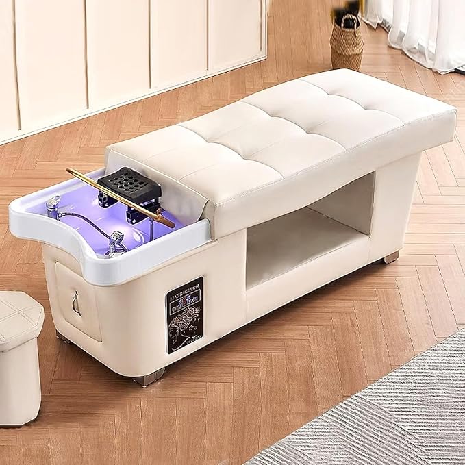 Professional Beauty Salon Shampoo Bed Head Spa Equipment with Water Circulation,Steamer,Shampoo Chair Luxury Head Care SPA Shampoo Bed (Beige)