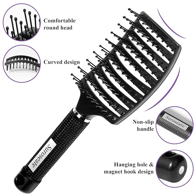 Hair Brush, Detangler Hair Brushes for Women Men Kids Faster Blow Drying, Curved Vent Detangling Brush for Wet Dry Curly Straight Thick Thin Hair Adds Shine, Makes Hair Smooth (black)