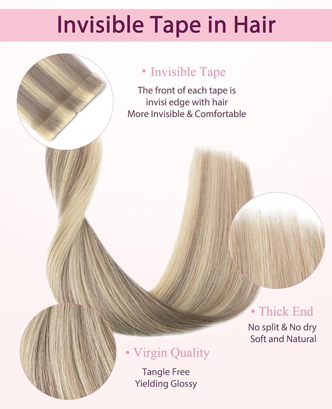 Pinkpearl Invisible Tape in Hair Extensions Human Hair, 20pcs 18inch 50g #18P60 Ash Blonde Highlighted Platinum Blonde Injection Tape in Extensions Real Remy Seamless Human Hair Injected