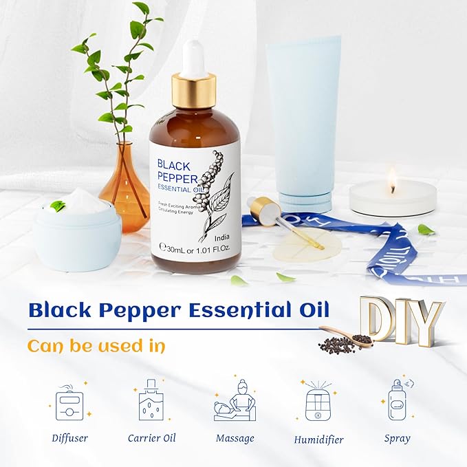 HIQILI 1 Fl Oz Black Pepper Essential Oil, 100% Pure Natural for Aromatherapy, Diffuser - 30 ML