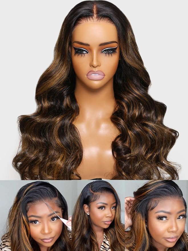 Julia Hair Bye Bye Knots Glueless Wig Highlight Balayage Brown Body Wave 7x5 Pre Cut HD Lace Front Wigs Human Hair Pre Plucked Bleached Knots Pre Everything Ready To Go Ombre Wig 18 Inch