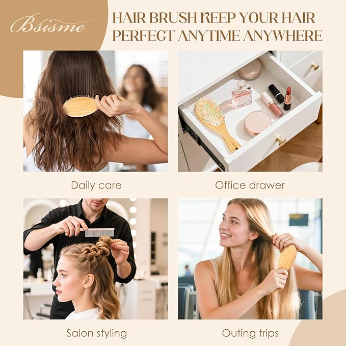 Bsisme Hair Brush with Boar Bristle & Nylon Pins for Women Men Kids, Detangling Hairbrush for Thick Thin Curly Straight Wet or Dry Hair Smoothing Massaging Enhance Shine & Health
