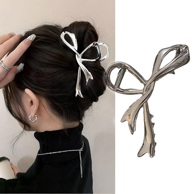 Silver Ribbon Bow Metal Hair Clips, Alloy Elegant Non-Slip Strong Hold Grip Jaw Clip for Thick and Thin Hair