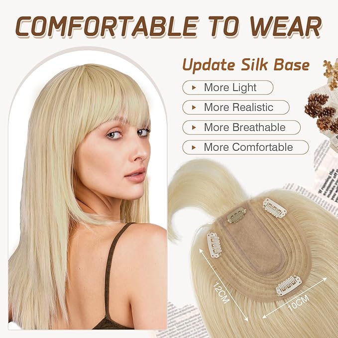Rich Choices Real Human Hair Topper With Bang for Women - 100% Remy Hair for Thinning Hair, Clip in Silk Base, 12 Inch #613 Bleach Blonde