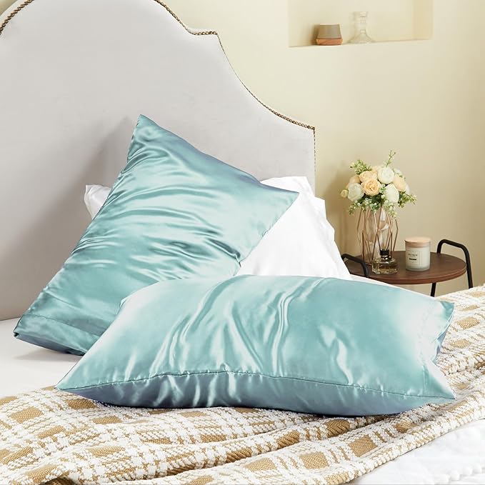 BEDELITE Satin Pillowcase for Hair and Skin, Super Soft and Cooling Similar to Silk Pillow Cases 2 Pack with Envelope Closure, Gift for Women Men(20"x40" King Size, Blue Grey)